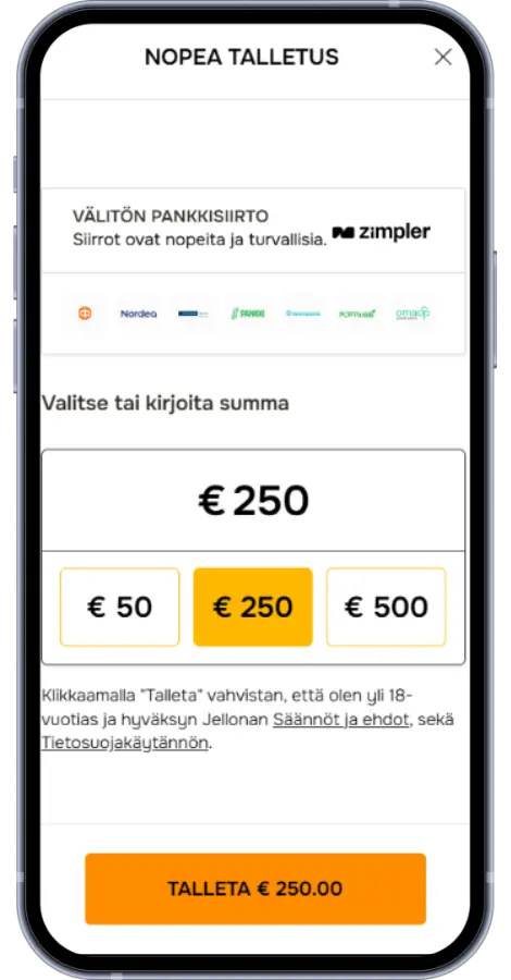 Jellona talletus Zimplerillä – valitse summa ja pankki