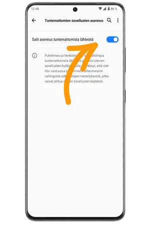 Salli asennus tuntemattomista lähteistä Jellona App